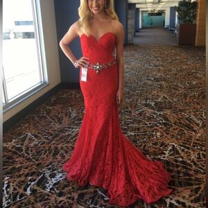 Alyce Paris Prom Red Strapless Lace Mermaid Formal Gown with Jeweled Waist